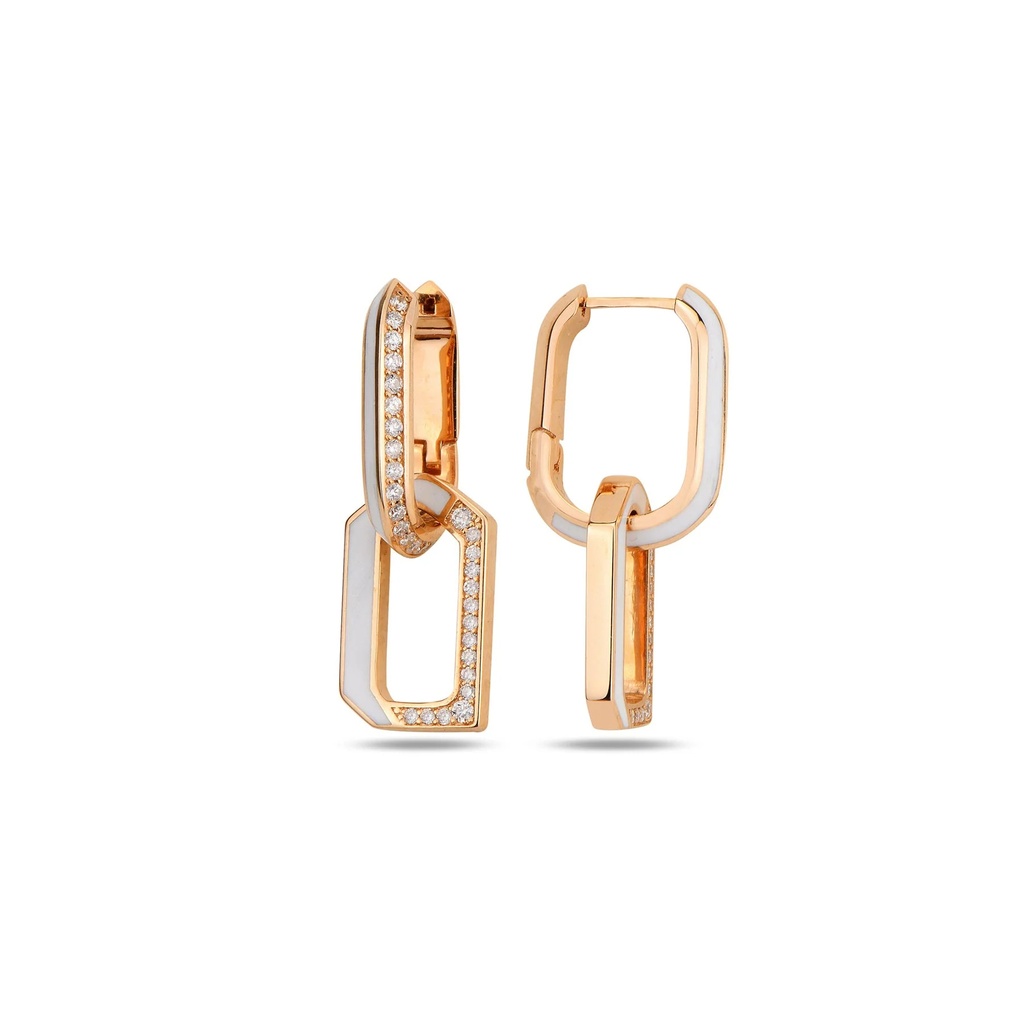 Rose Gold Flow Chain Earrings - White Enamel