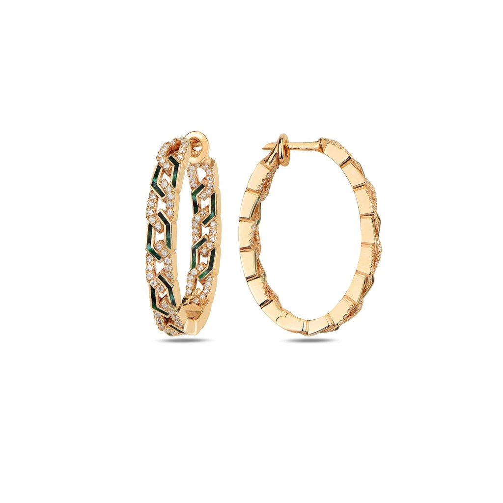 Rose Gold Rebel Earrings with Diamonds - Green Mother of Pearl Enamel