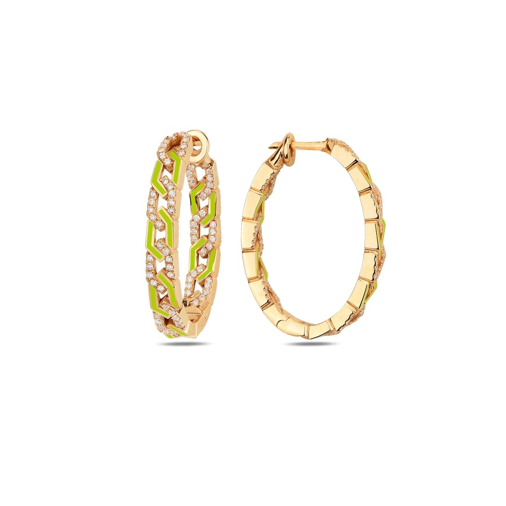 Rose Gold Rebel Earrings with Diamonds - Neon Green Enamel