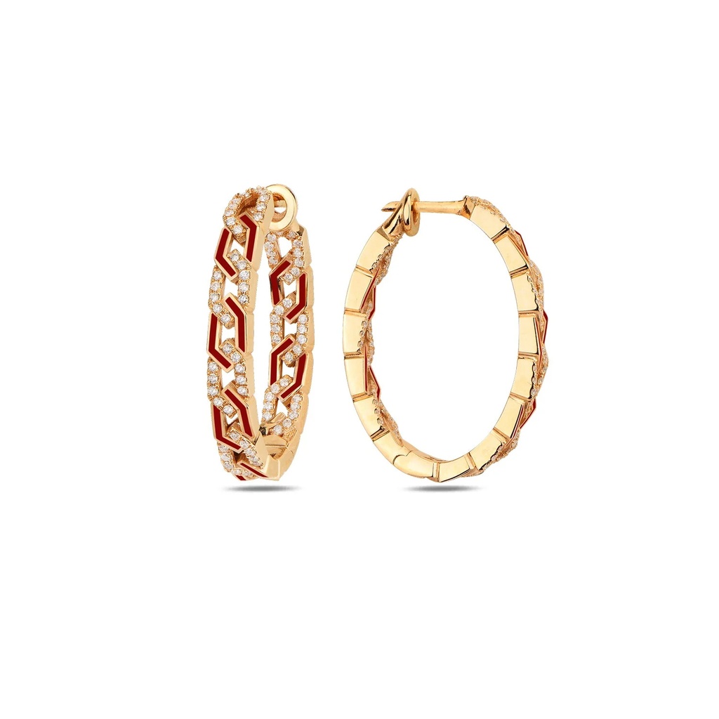 Rose Gold Rebel Earrings with Diamonds - Red Enamel