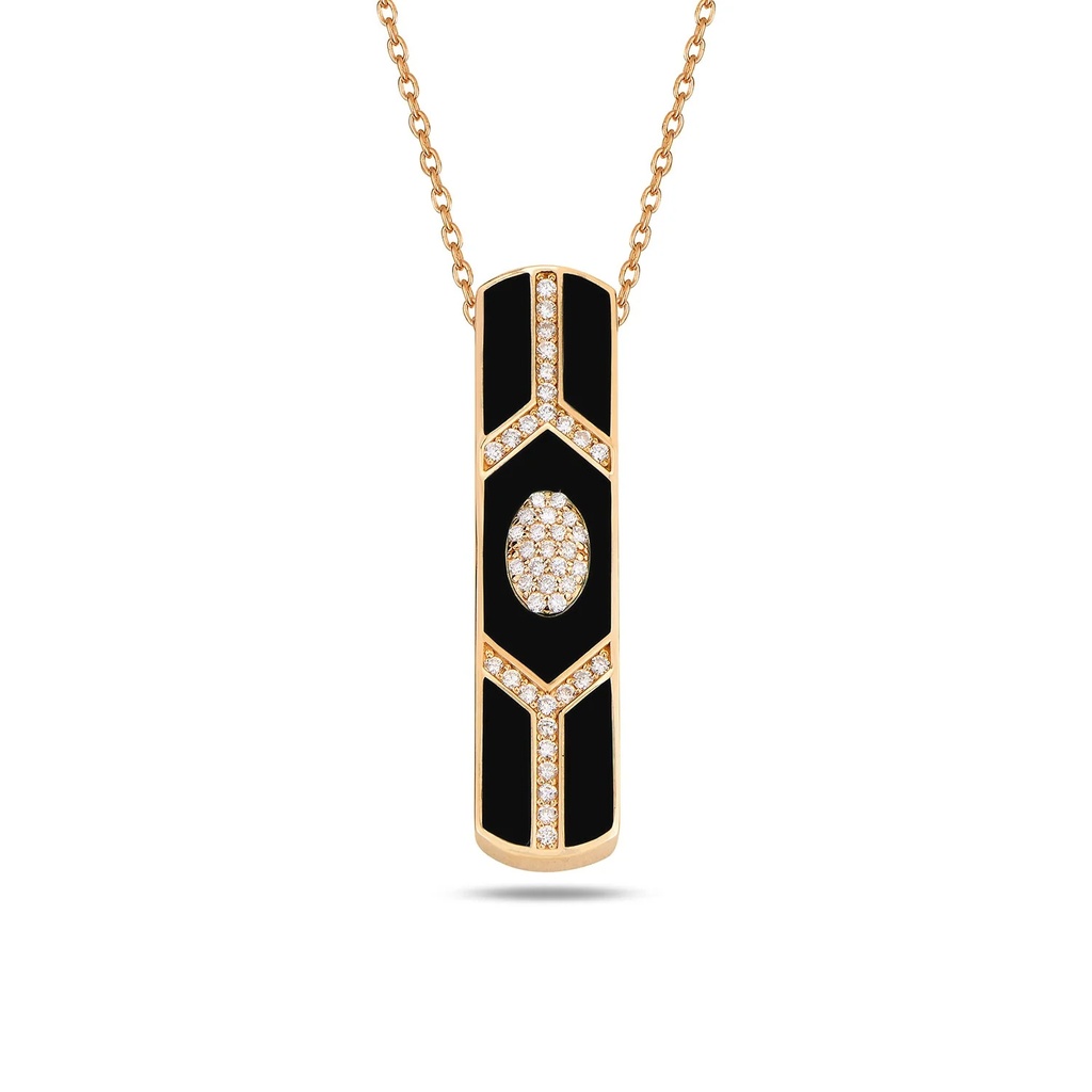 Rose Gold Shield Bar Pendant - Black Enamel