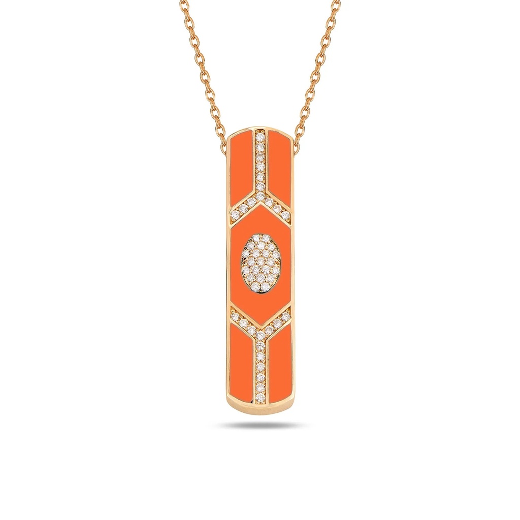Rose Gold Shield Bar Pendant - Coral Enamel