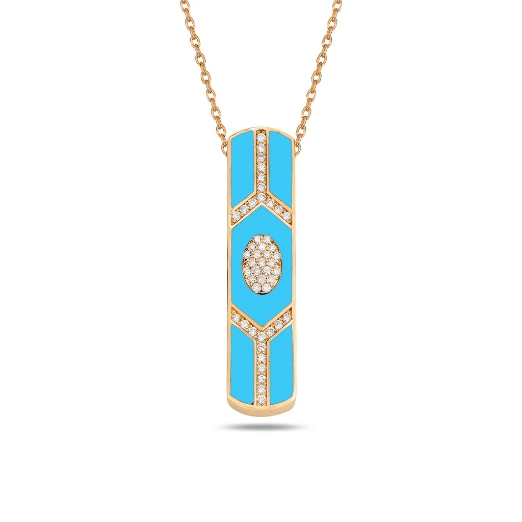 Rose Gold Shield Bar Pendant - Turquoise Enamel