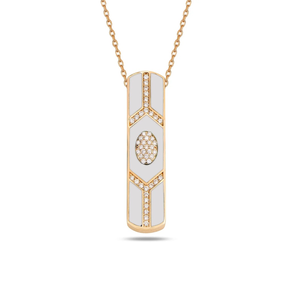 Rose Gold Shield Bar Pendant - White Enamel