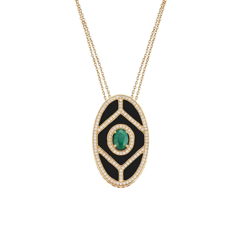 Rose Gold Shield Pendant - Emerald with Black Enamel