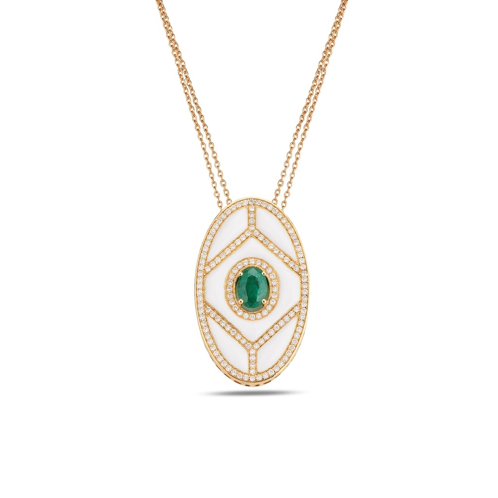 Rose Gold Shield Pendant - Emerald with White Enamel