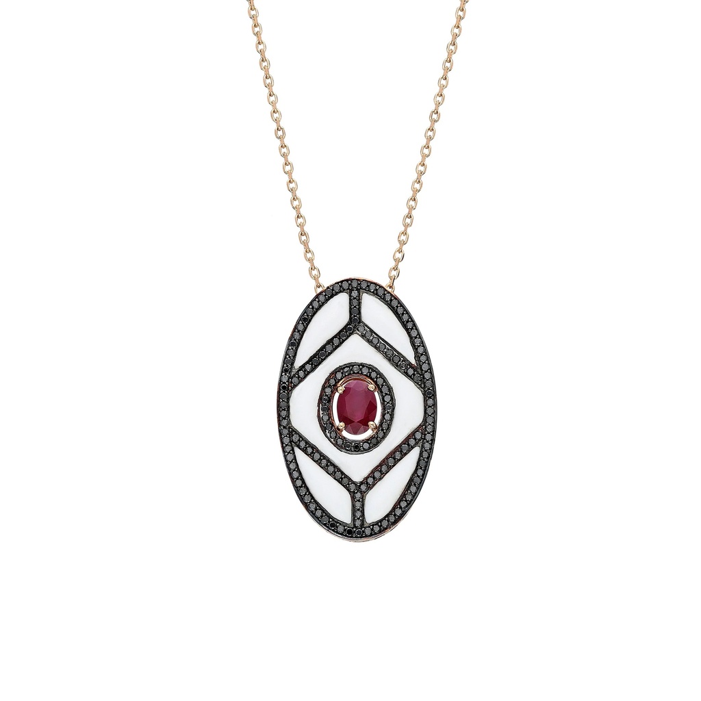 Rose Gold Shield Pendant - Ruby with Black Diamonds