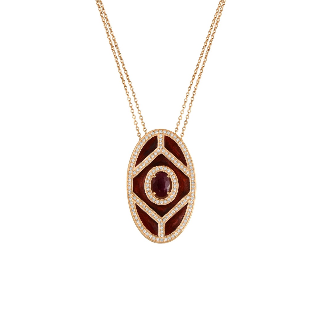 Rose Gold Shield Pendant - Ruby with Red Enamel