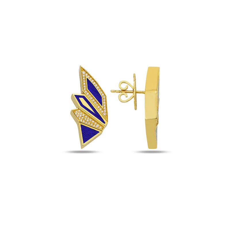 Yellow Gold Alis Mini Earrings with Parliament Blue Enamel