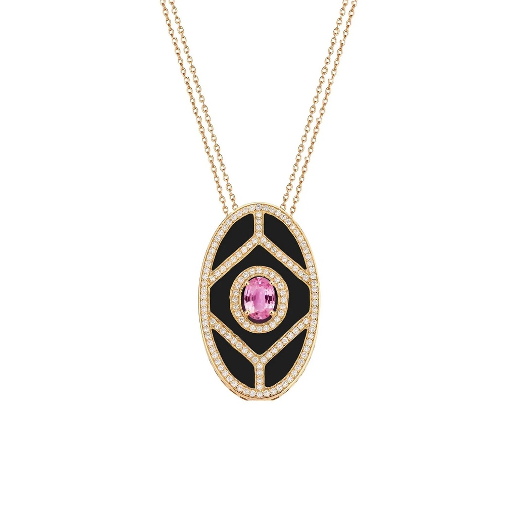 Yellow Gold Shield Pendant - Pink Sapphire with Black Enamel