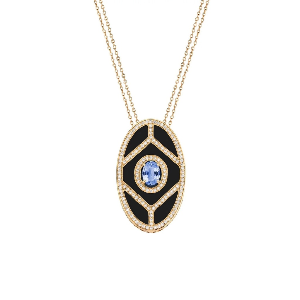 Yellow Gold Shield Pendant - Sapphire with Black Enamel