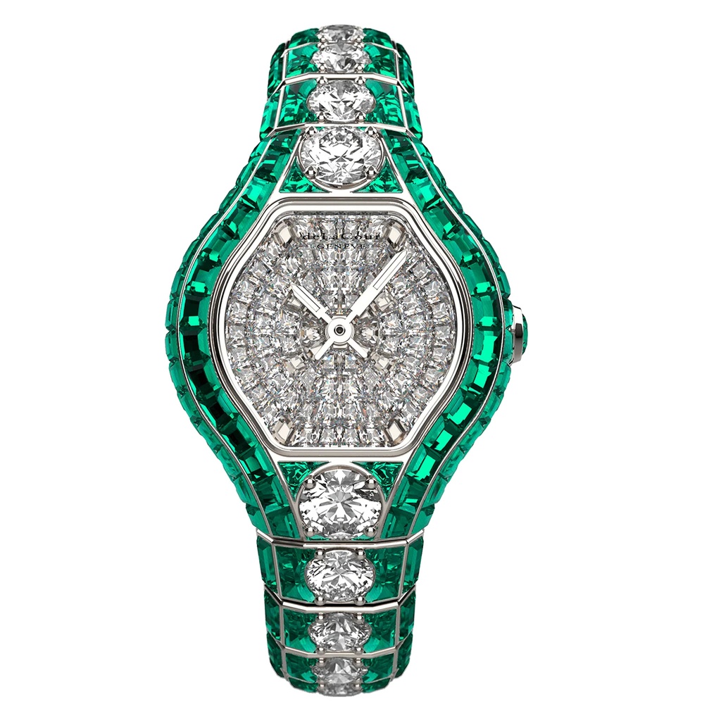 City Glamour Emerald & Diamond Center White Gold Watch