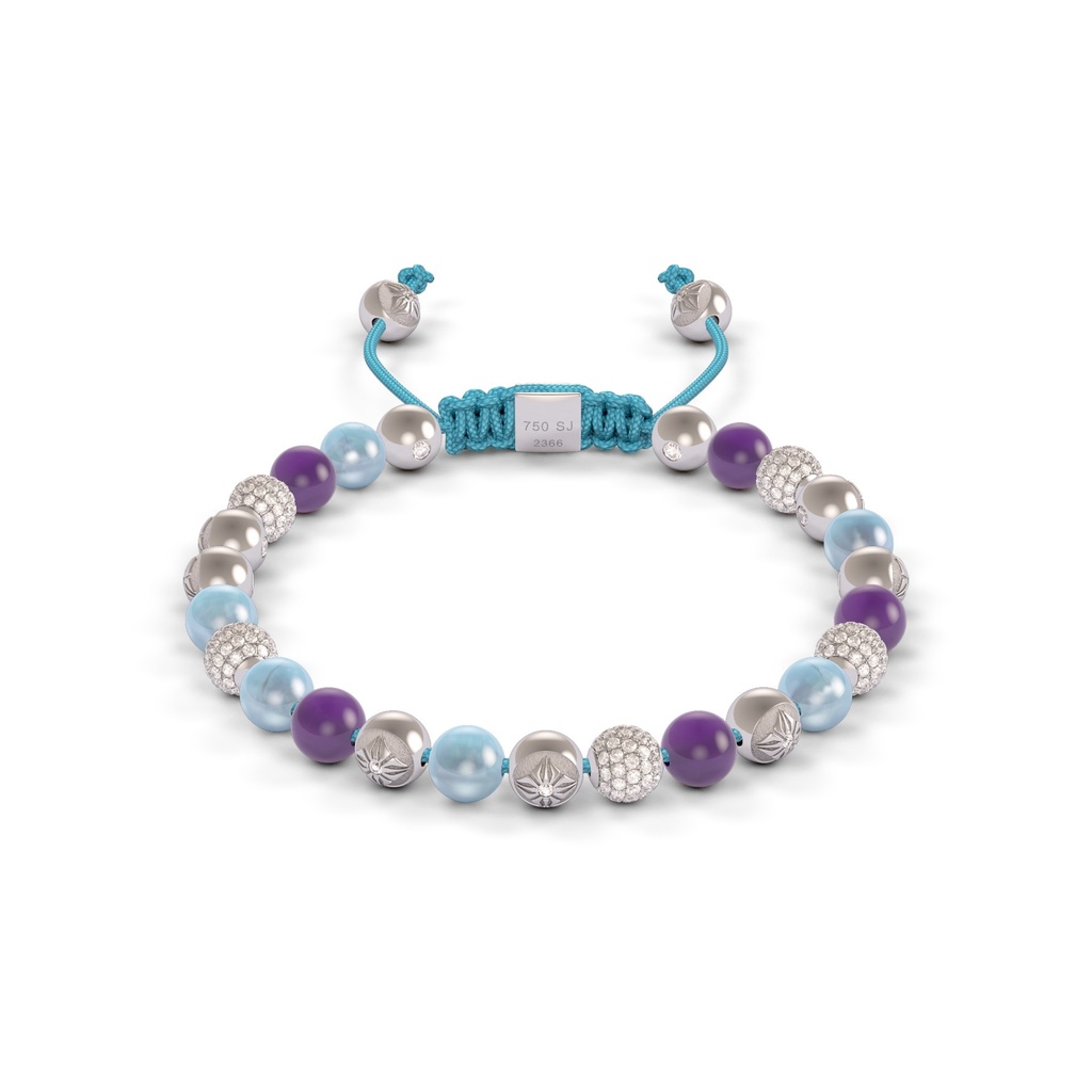 Shamballa Jewels White Gold Diamond Amethyst & Aquamarine 6mm Non-Braided Bead Bracelet