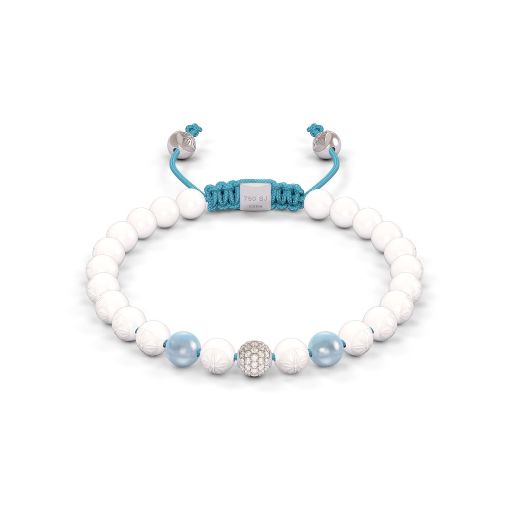 Shamballa Jewels White Gold Diamond & Aquamarine 6mm Non-Braided Bead Bracelet