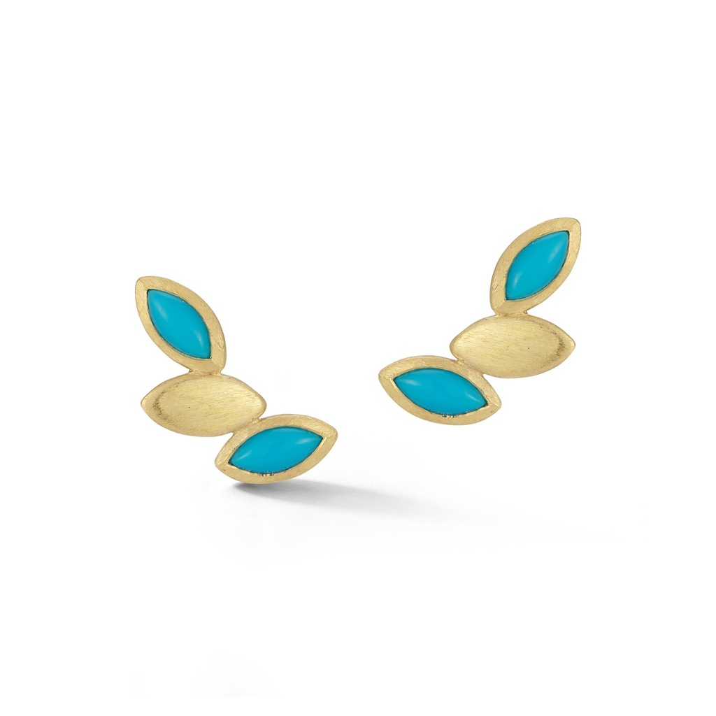 Yellow Gold Three Navette Earrings Turquoise