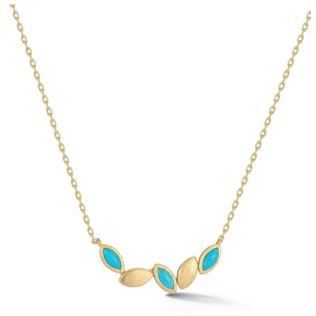 Yellow Gold Five Navette Necklace Turquoise