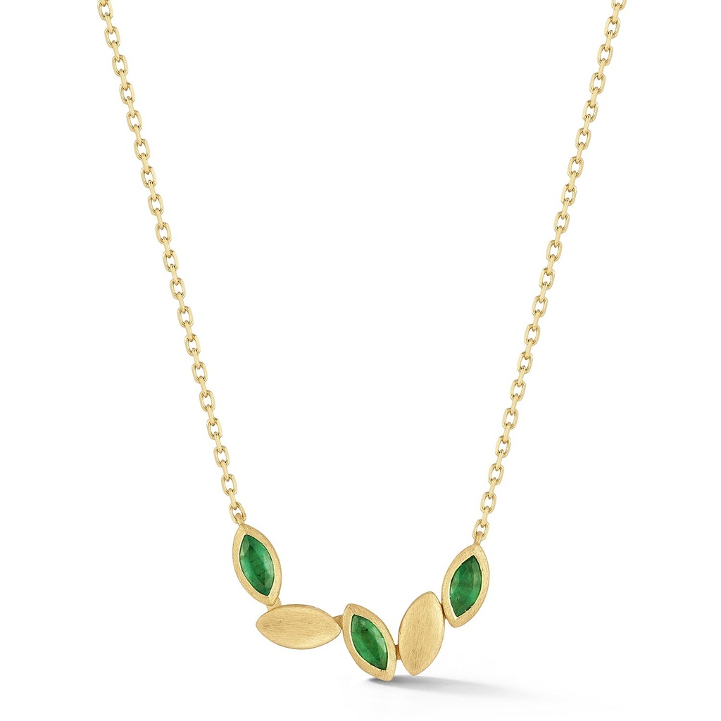 Yellow Gold Five Navette Necklace Emerald