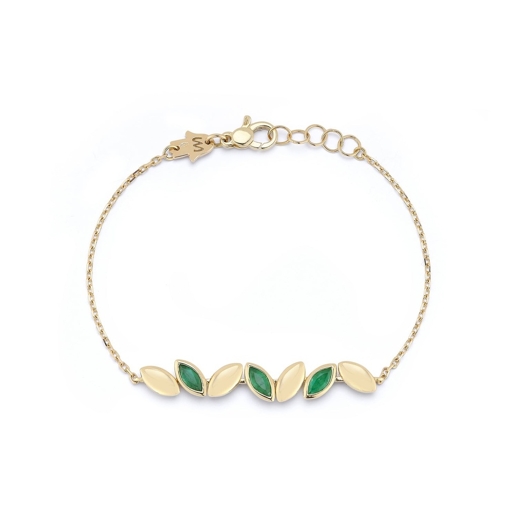 Yellow Gold Navette Bracelet on a chain Emerald