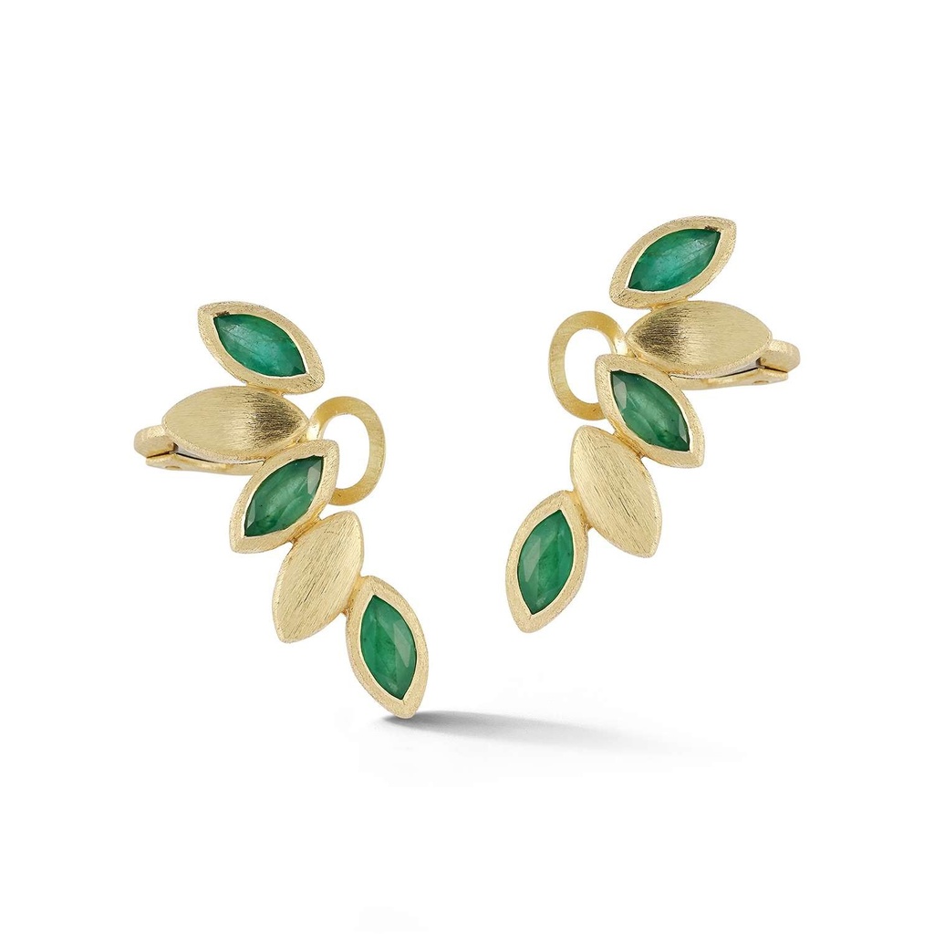 Yellow Gold Five Navette Ear Climbers Emerald