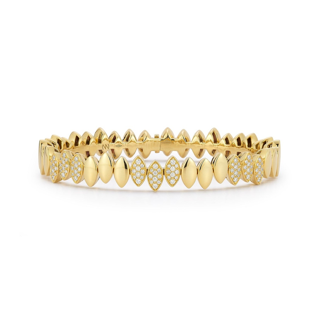 Yellow Gold Navette Collection - Felxible Bangle with White Diamond