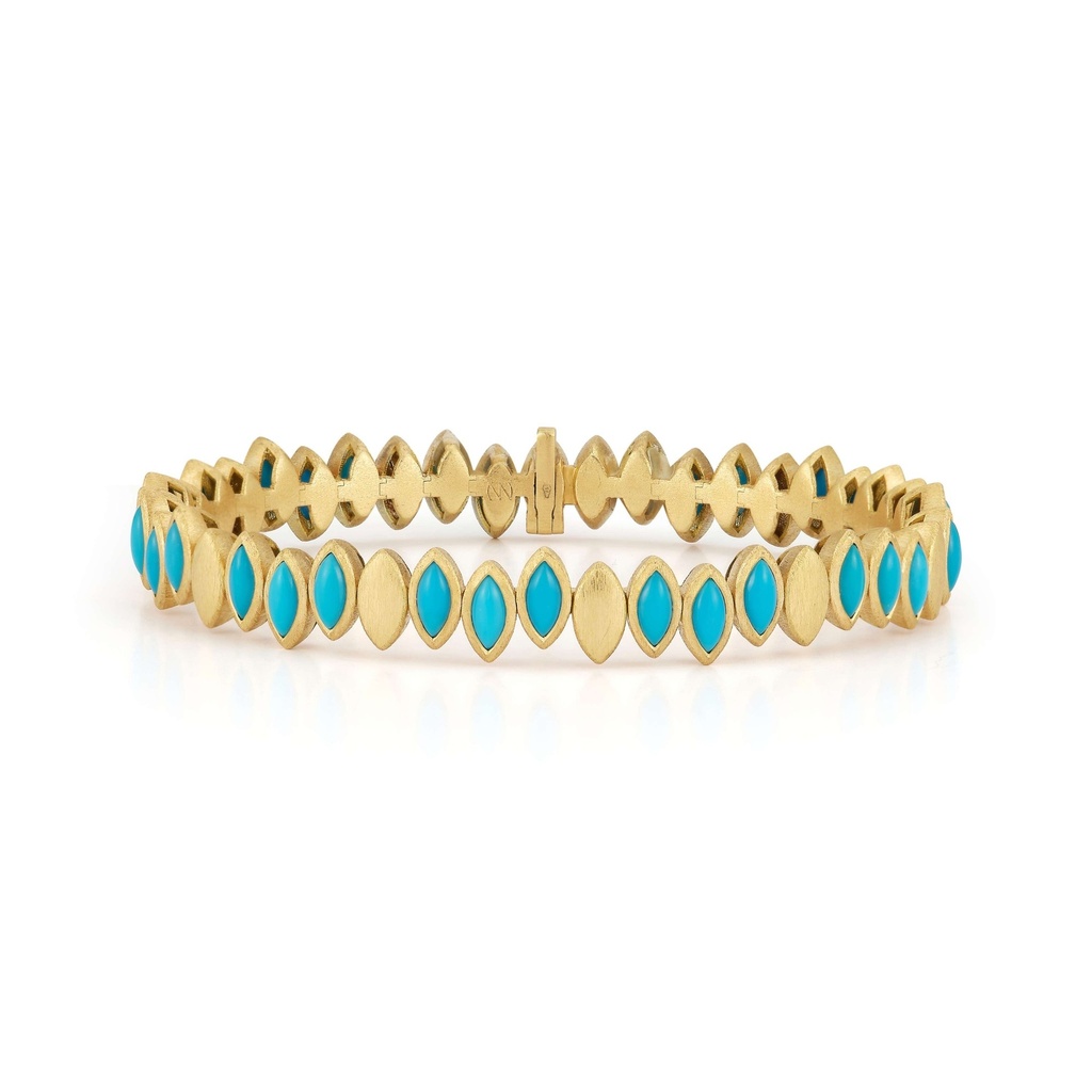 Yellow Gold Flexible Navette Bangle with Turquoise