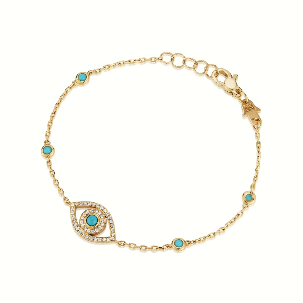 Yellow Gold Mini Eye Bracelet in White Diamonds single chain Turquoise