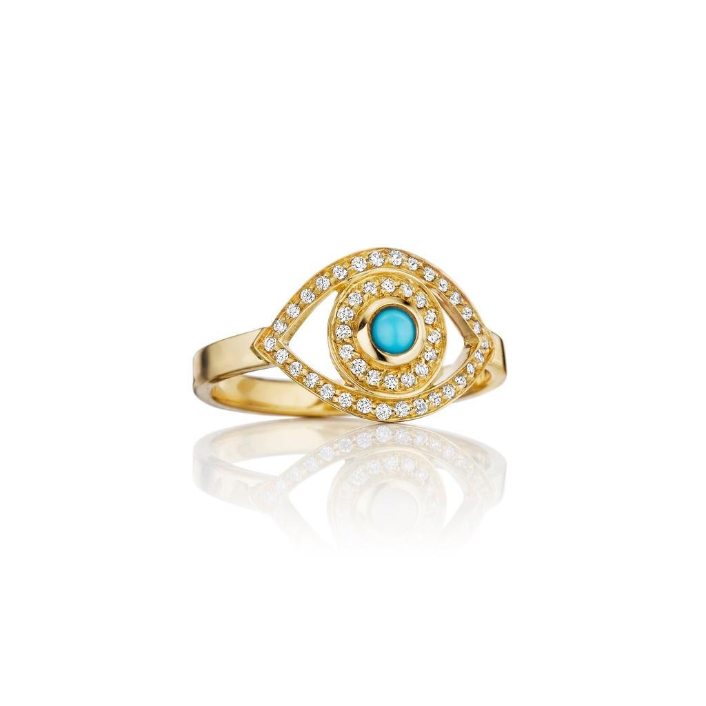 Yellow Gold Mini Eye Ring in White Diamonds Turquoise