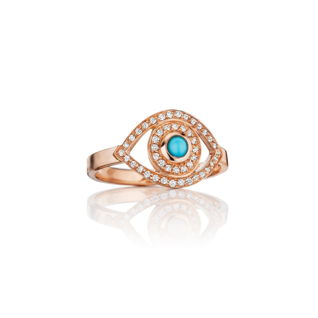 Rose Gold Mini Eye Ring in White Diamonds Turquoise