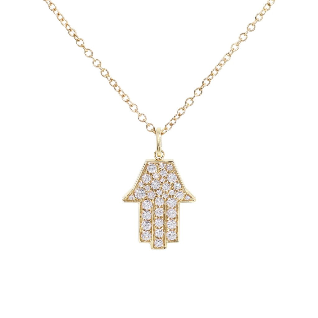 Yellow Gold Medium Hamsa Necklace White Diamond