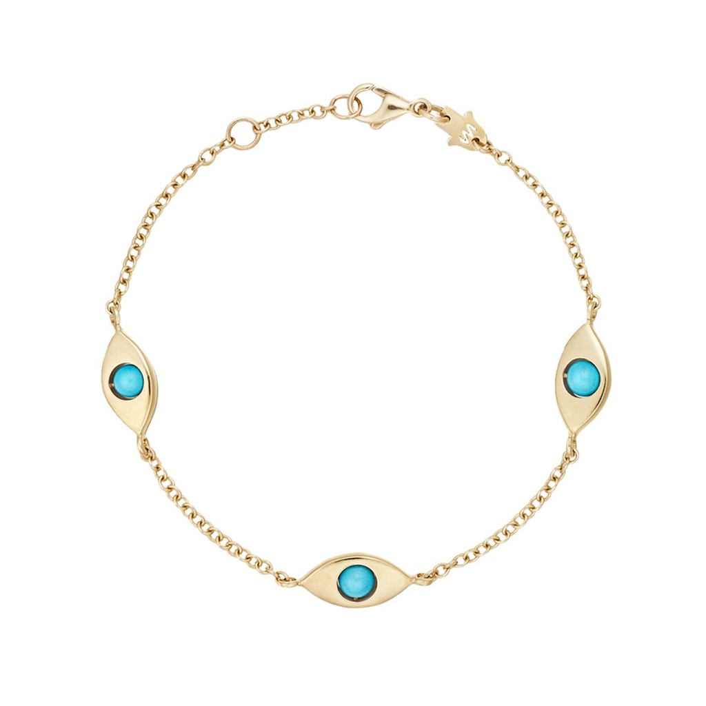 Yellow Gold Plane Three Eyes Solid Gold Bracelet Turquoise