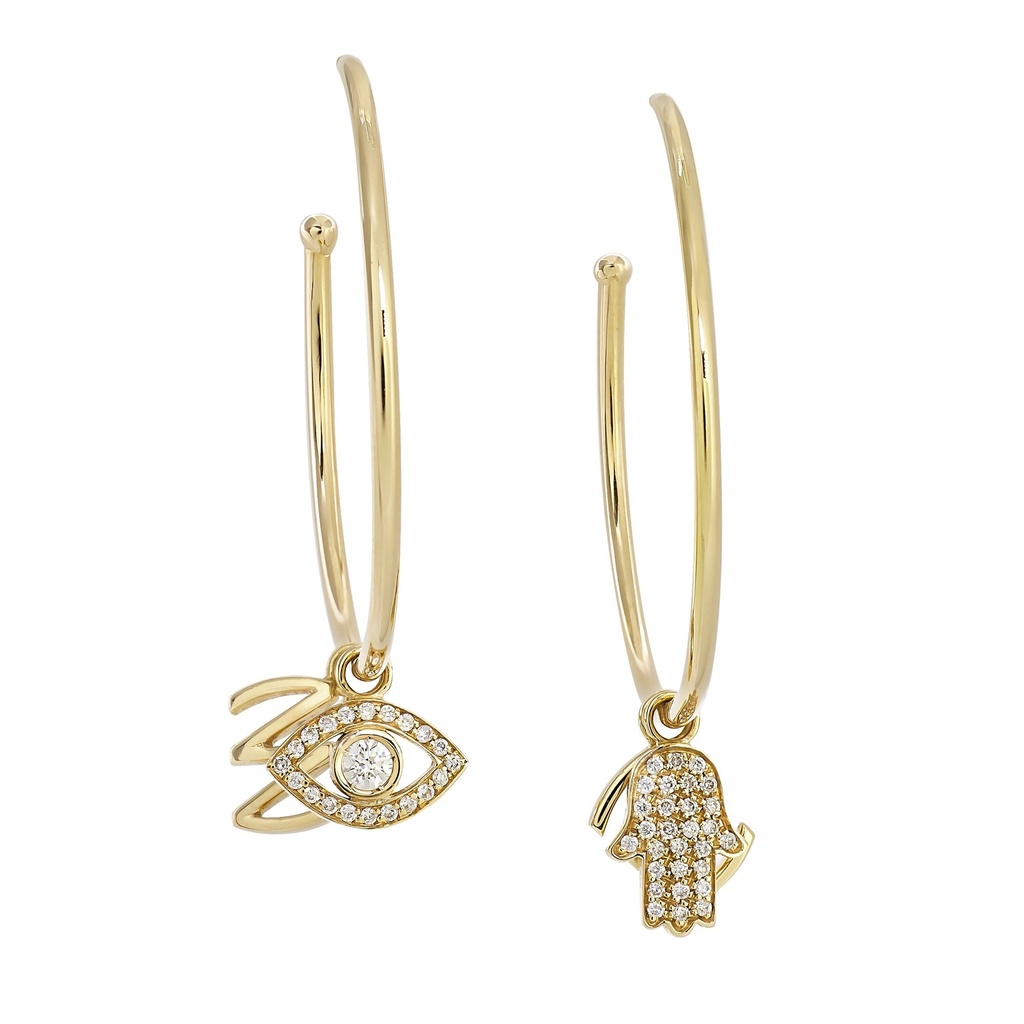 Yellow Gold Hoop Earrings with single charms White Diamond