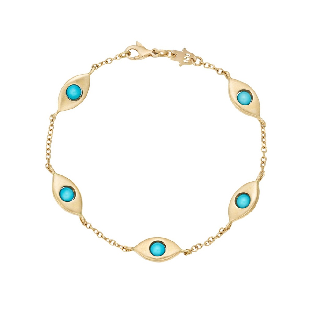 Yellow Gold Plane Five Eyes Solid Gold Bracelet Turquoise