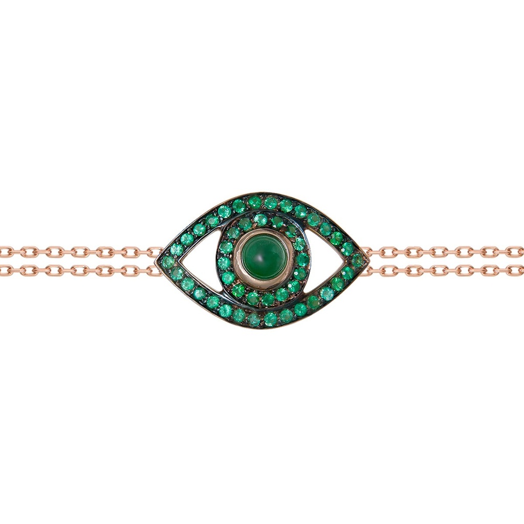 Rose Gold Eye Bracelet on a Double Chain Emerald