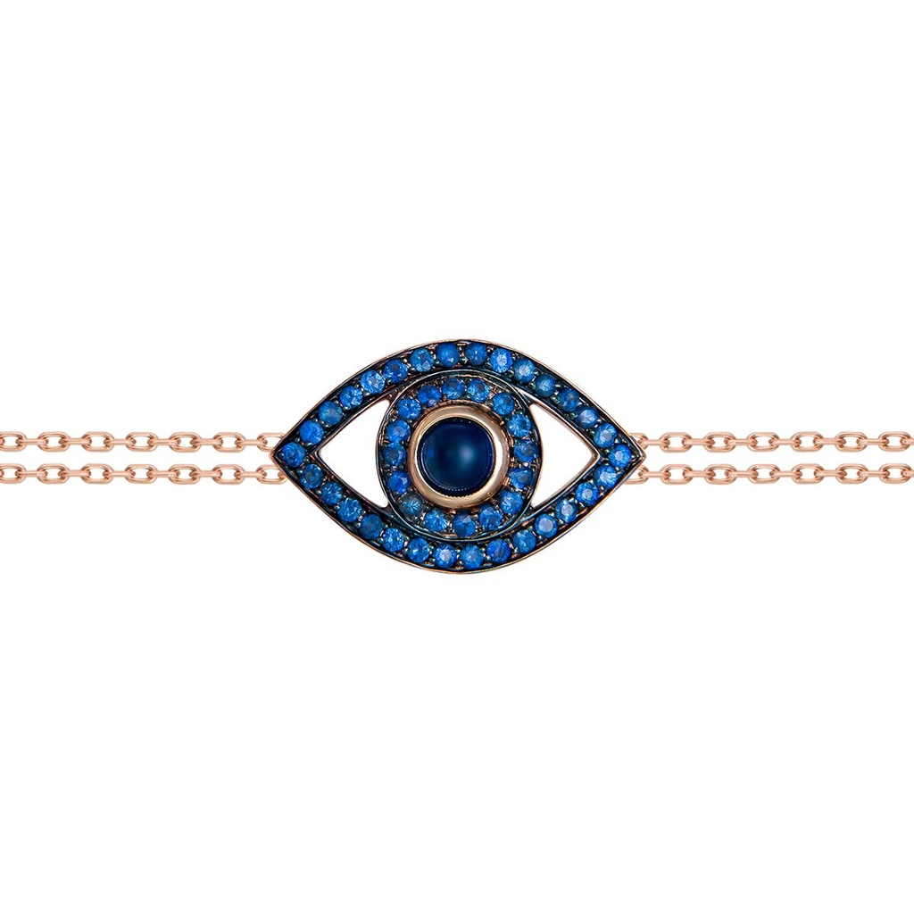 Rose Gold Eye Bracelet on a Double Chain Blue Sapphire