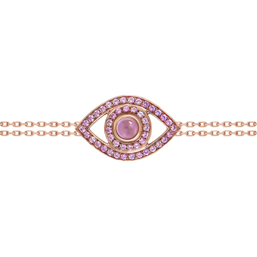 Rose Gold Eye Bracelet on a Double Chain Pink Sapphire
