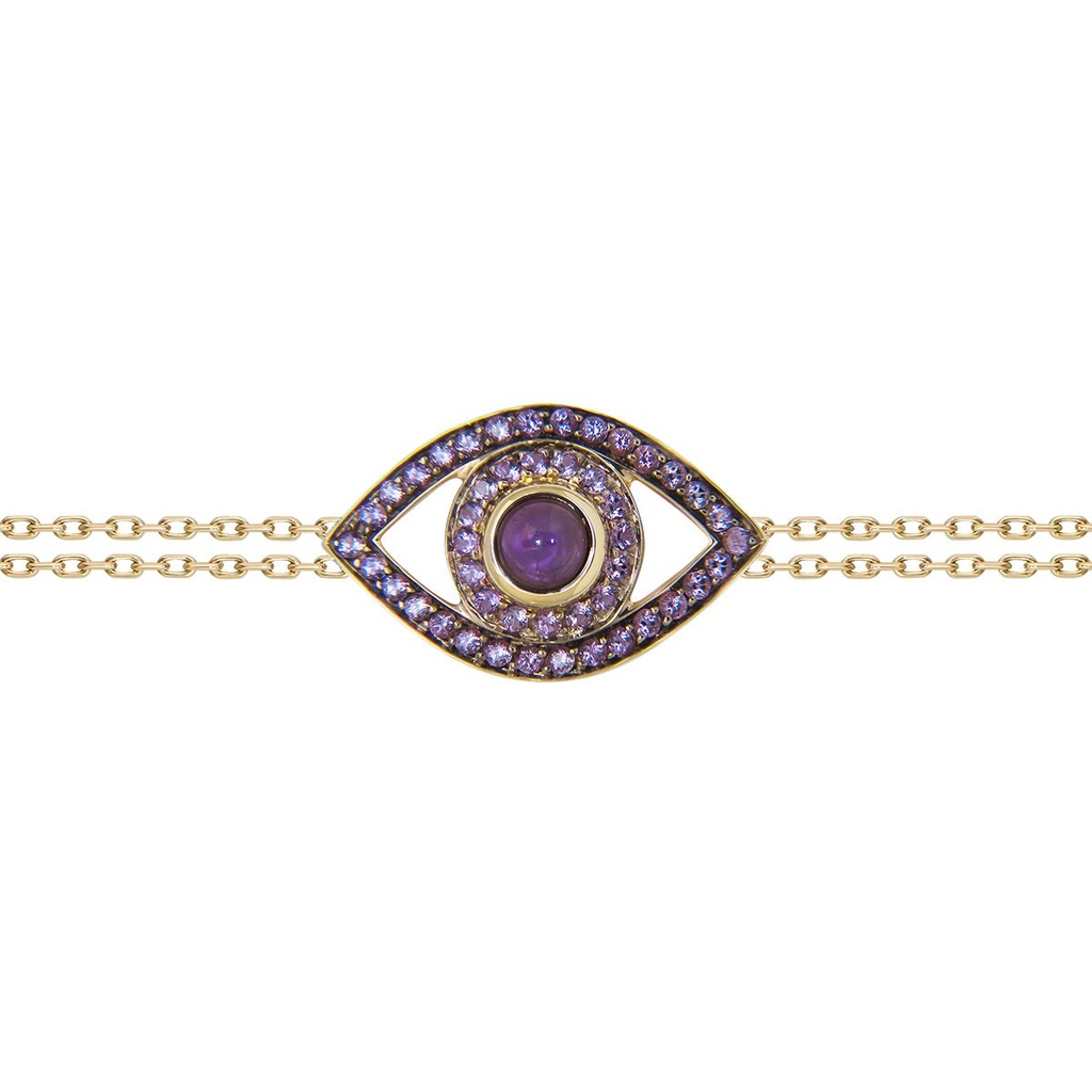 Yellow Gold Eye Bracelet on a Double Chain Amethyst