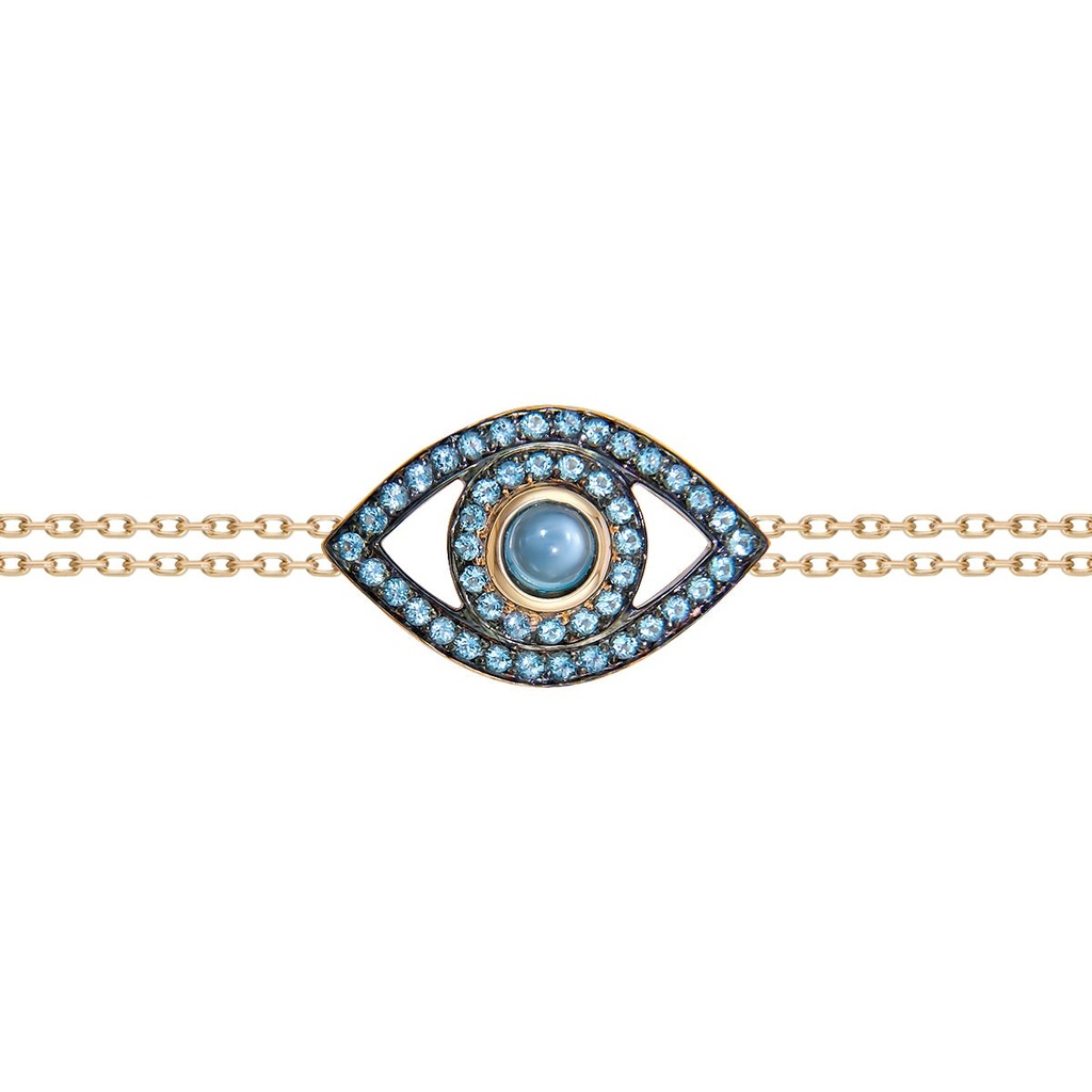 Yellow Gold Eye Bracelet on a Double Chain Blue Topaz