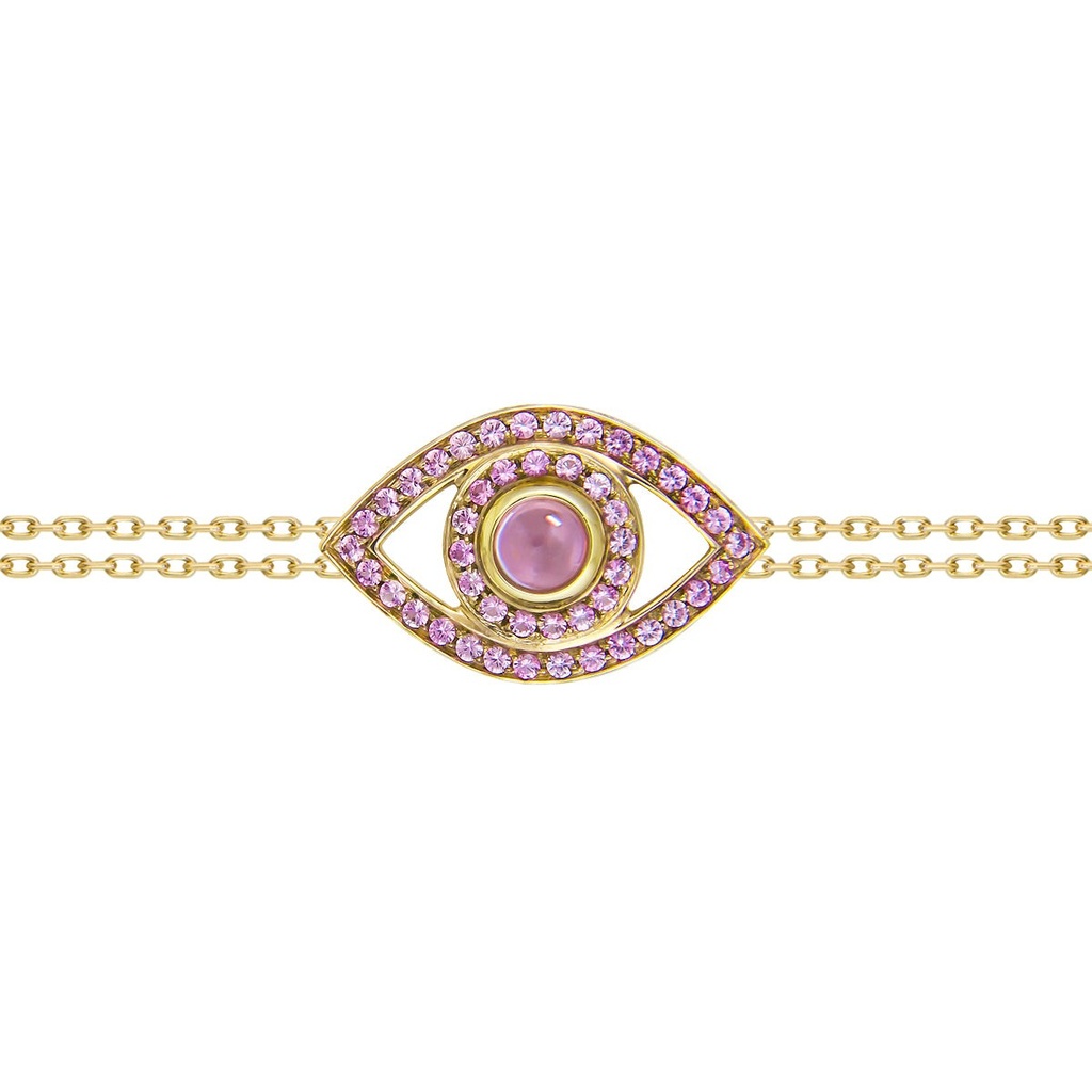 Yellow Gold Eye Bracelet on a Double Chain Pink Sapphire