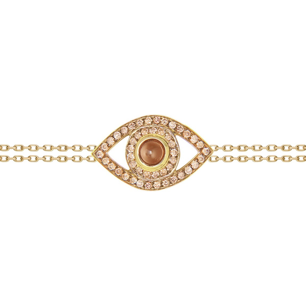 Yellow Gold Eye Bracelet on a Double Chain Brown Diamond