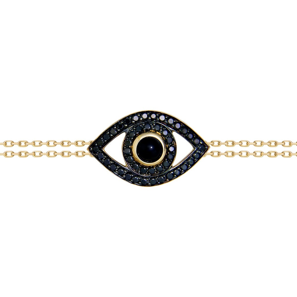 Yellow Gold Eye Bracelet on a Double Chain Black Diamond