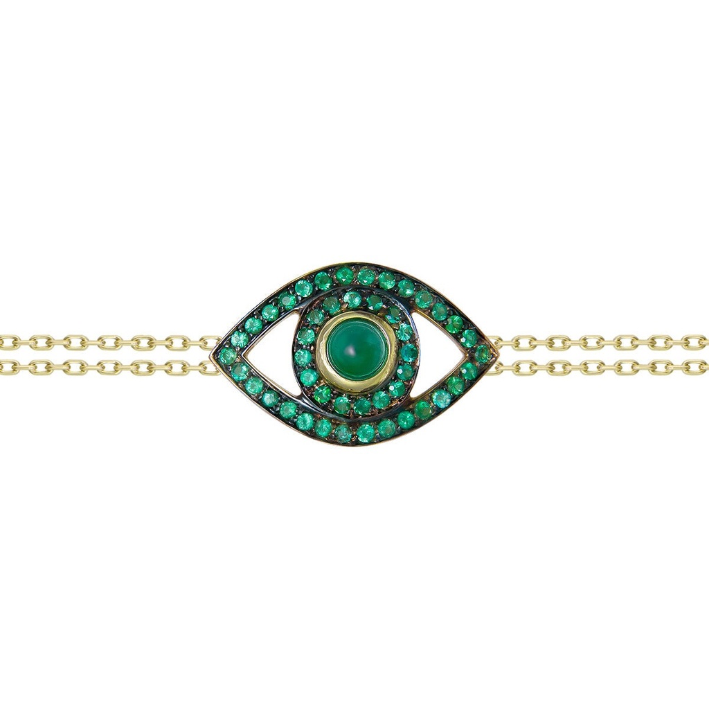 Yellow Gold Eye Bracelet on a Double Chain Emerald