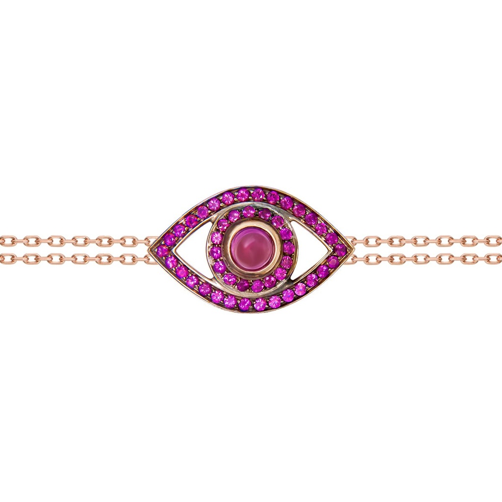 Yellow Gold Eye Bracelet on a Double Chain Ruby