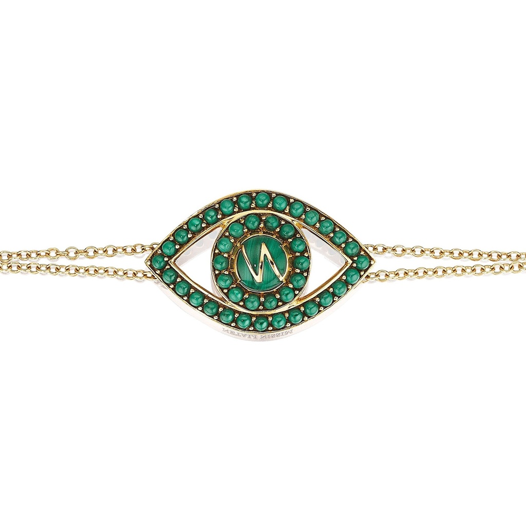 Yellow Gold Capri Eye Bracelet on a Double Chain Malachite