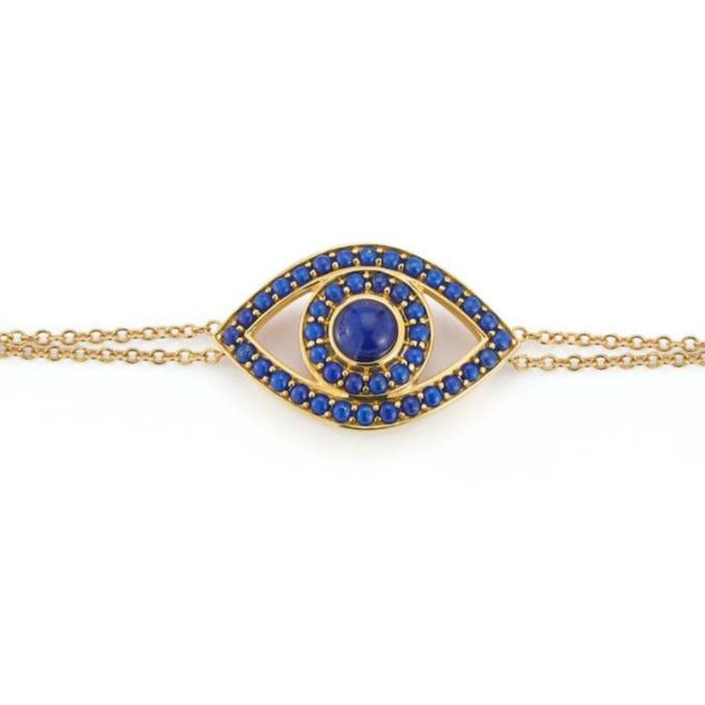 Yellow Gold Capri Eye Bracelet on a Double Chain Lapis