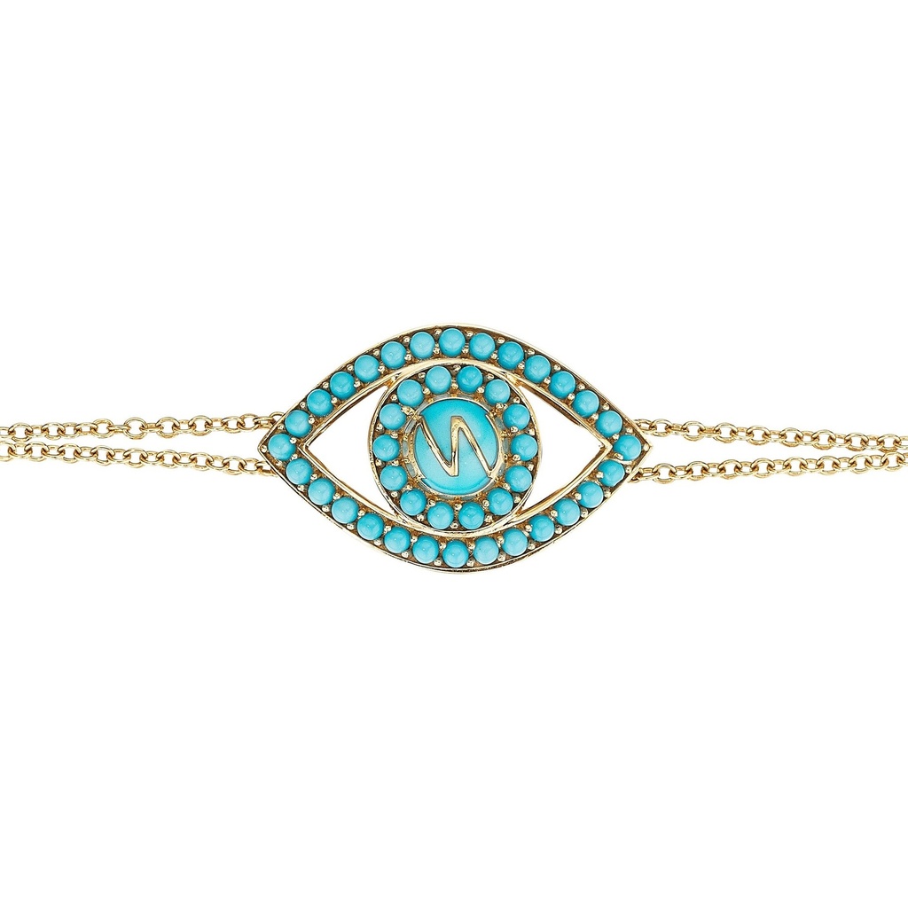 Yellow Gold Capri Eye Bracelet on a Double Chain Turquoise