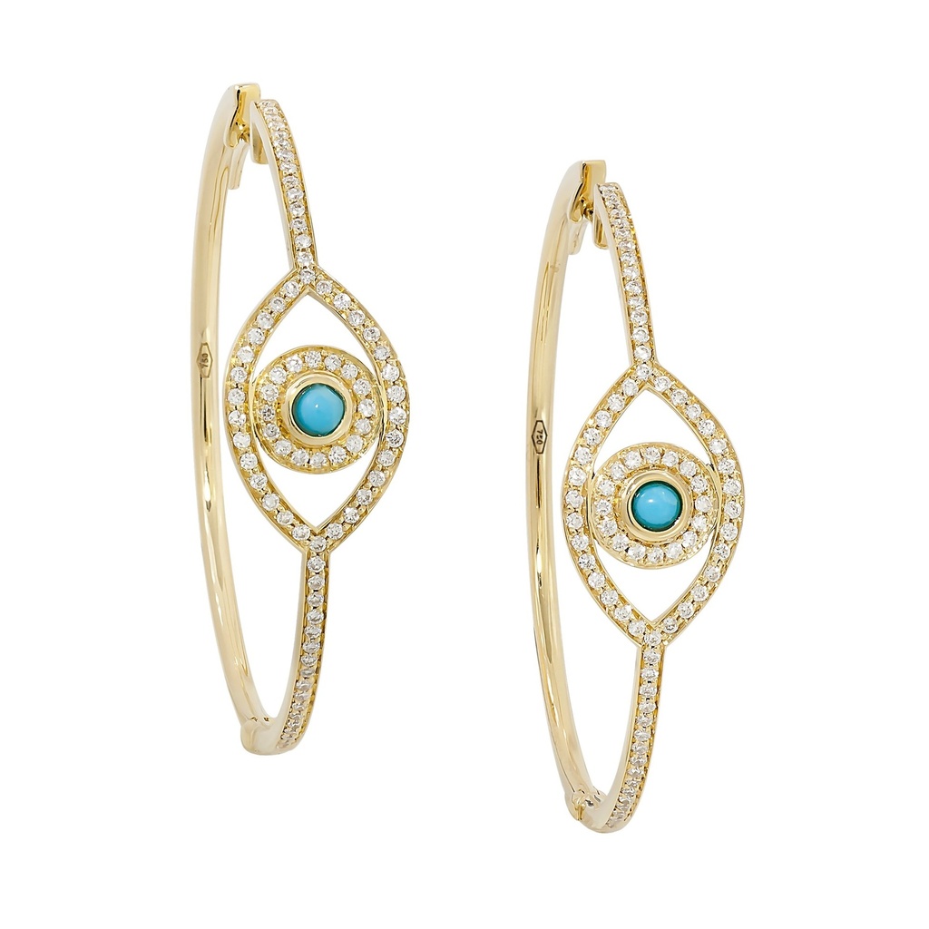 Yellow Gold Mini Eye Hoop Earrings Turquoise