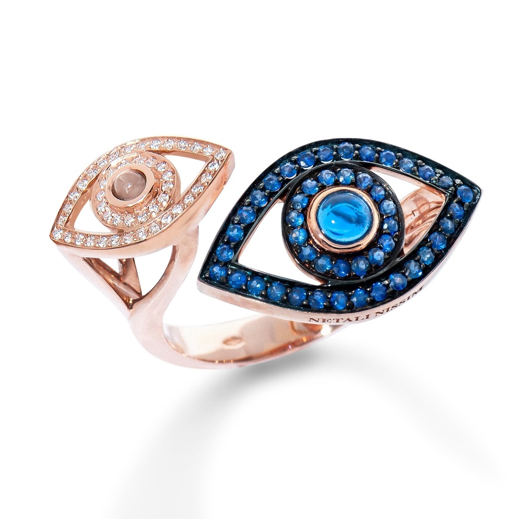 Rose Gold Double Eye Ring - Blue Sapphires