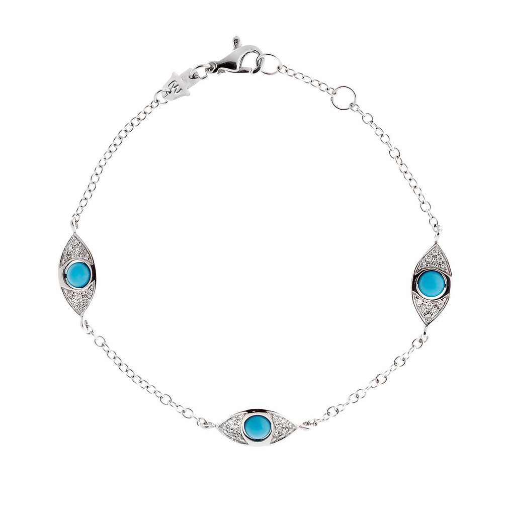 White Gold Three Eyes Double Side Pav Diamonds Bracelet Turquoise