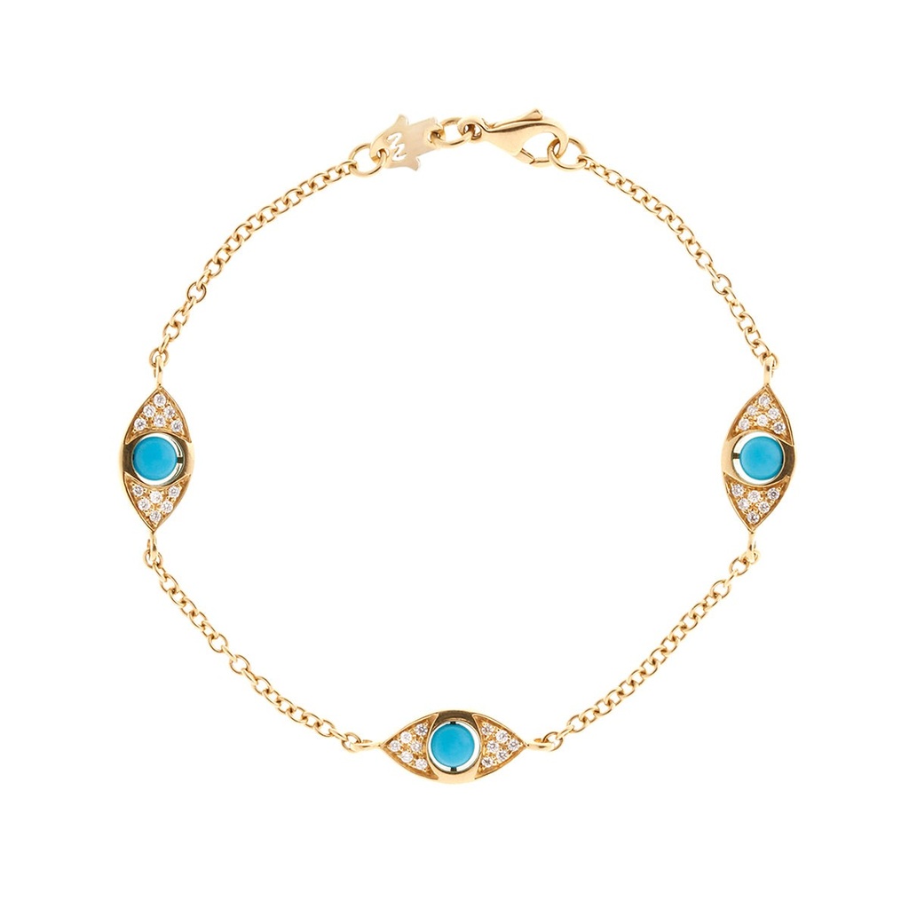 Yellow Gold Three Eyes Double Side Pav Diamonds Bracelet Turquoise