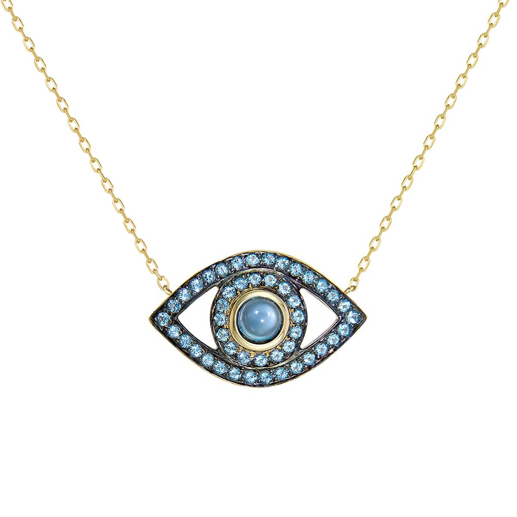 Yellow Gold Eye Necklace Blue Topaz